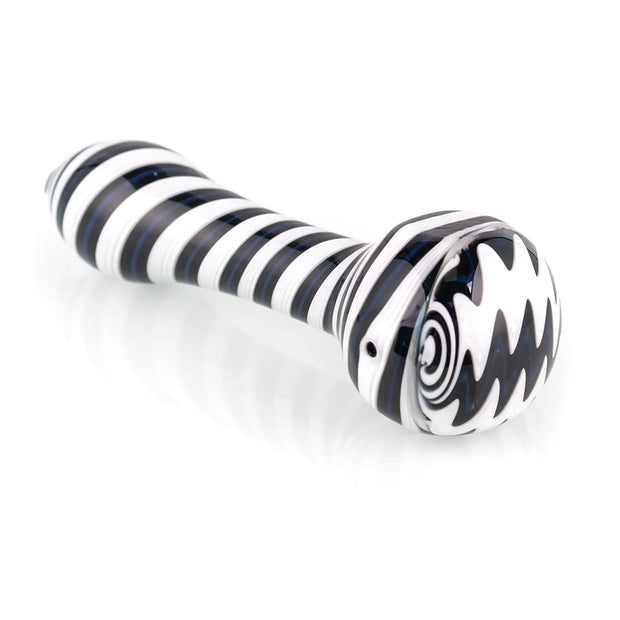 back side of black white and blue hand pipe