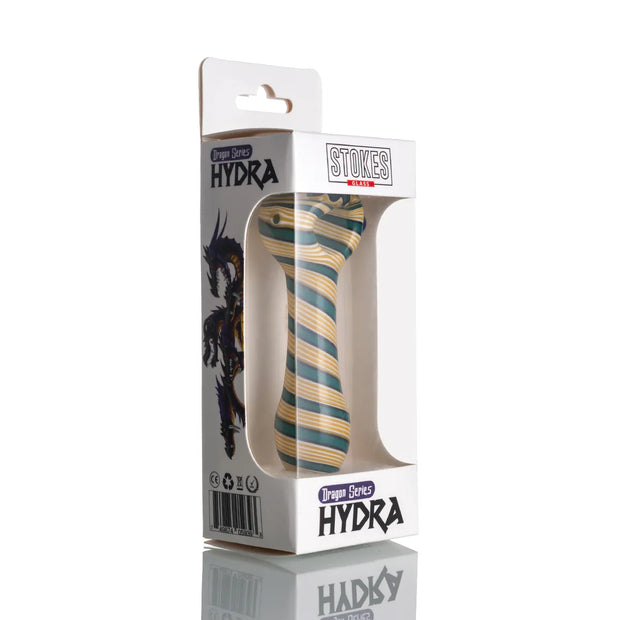 stokes glass hand pipe in awhite packaging